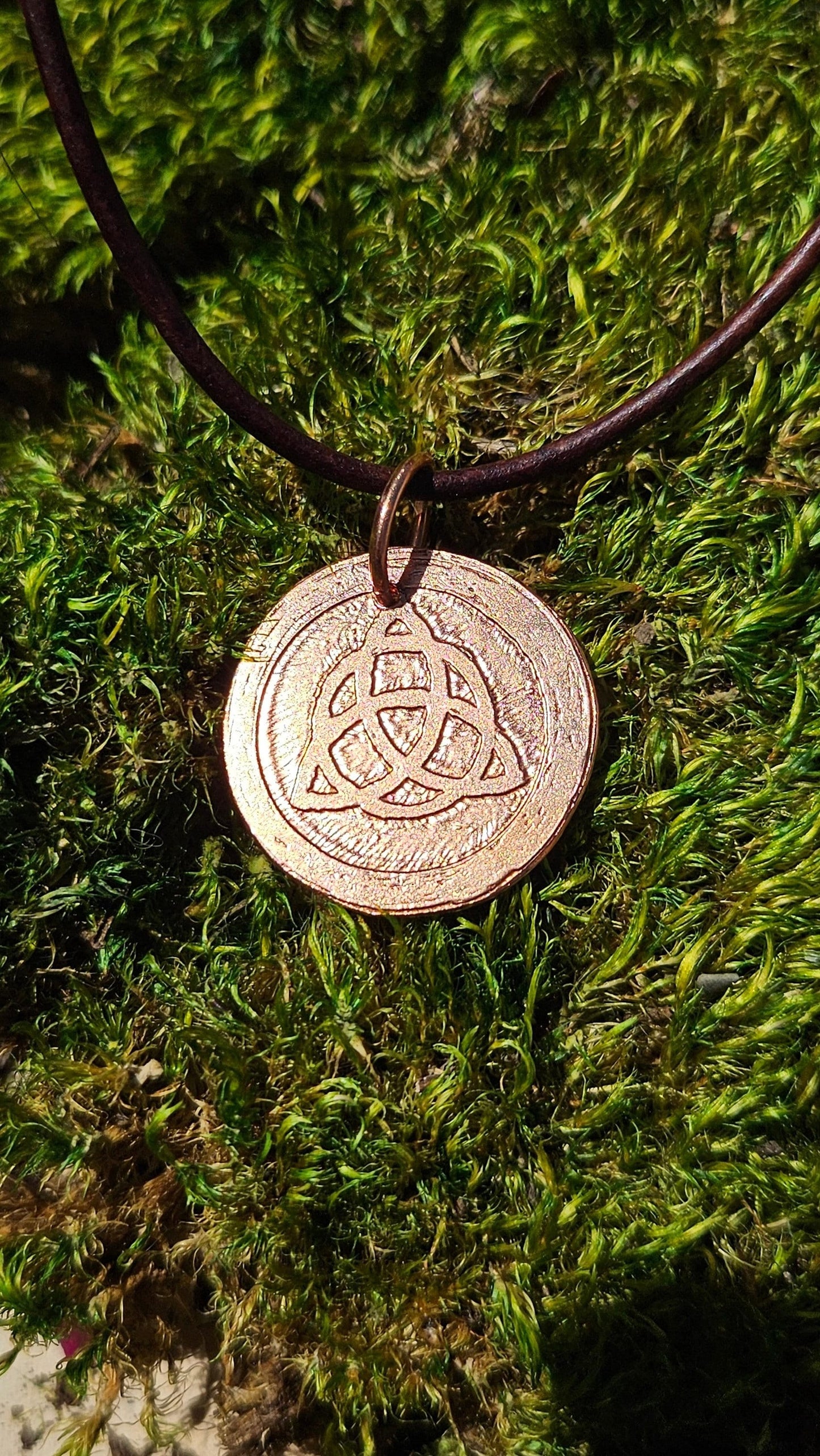 Triquetra Copper Etched Pendant/ Trinity Knot Necklace/ Leather Cord/ Celtic Jewelry/ Rustic Copper Jewelry/ Elven Soul