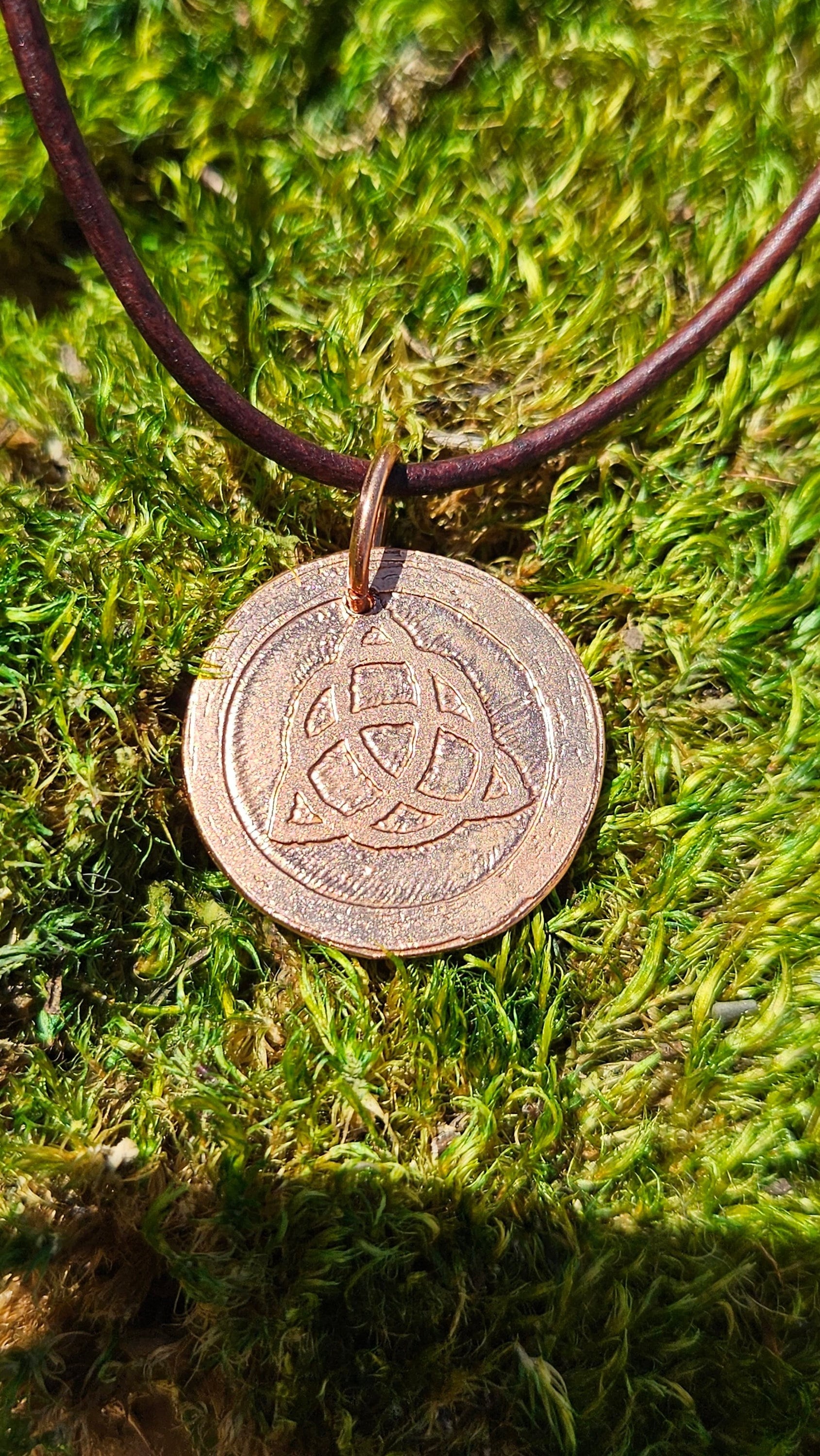 Triquetra Copper Etched Pendant/ Trinity Knot Necklace/ Leather Cord/ Celtic Jewelry/ Rustic Copper Jewelry/ Elven Soul