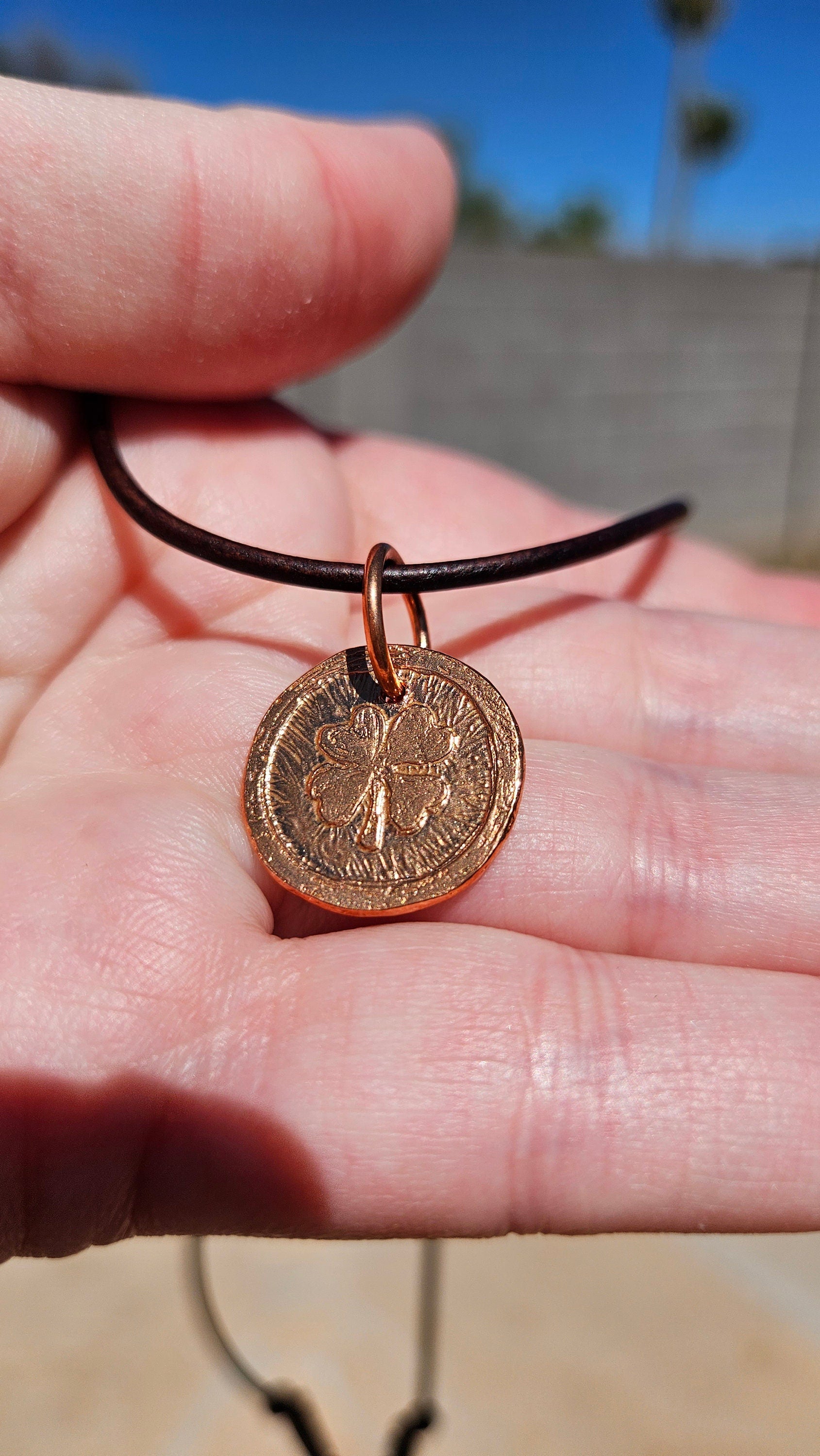 Four Leaf Clover Copper Etched Pendant Necklace/ Leather Cord/ Celtic Jewelry/ Rustic Copper Jewelry/ Elven Soul