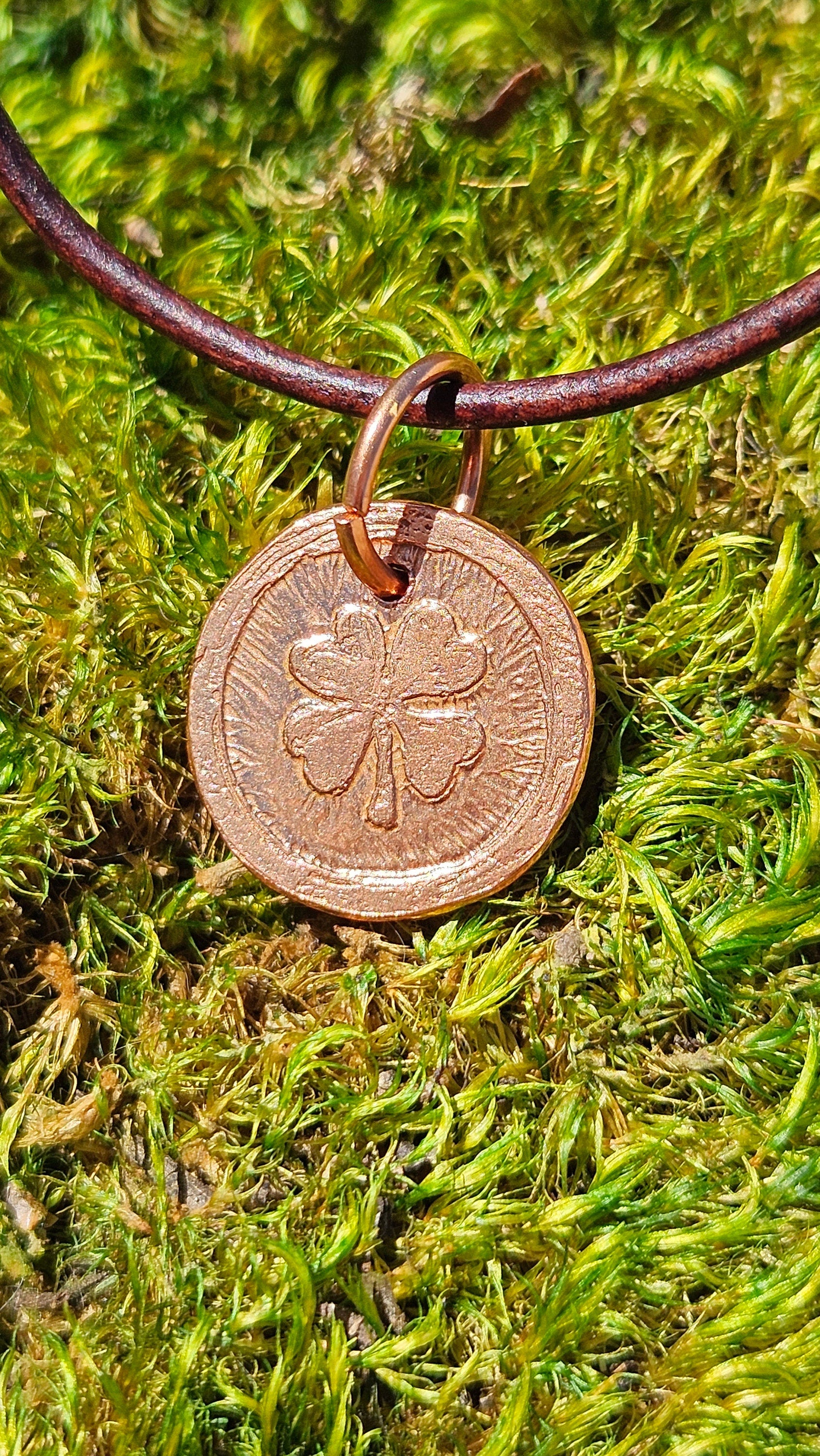 Four Leaf Clover Copper Etched Pendant Necklace/ Leather Cord/ Celtic Jewelry/ Rustic Copper Jewelry/ Elven Soul