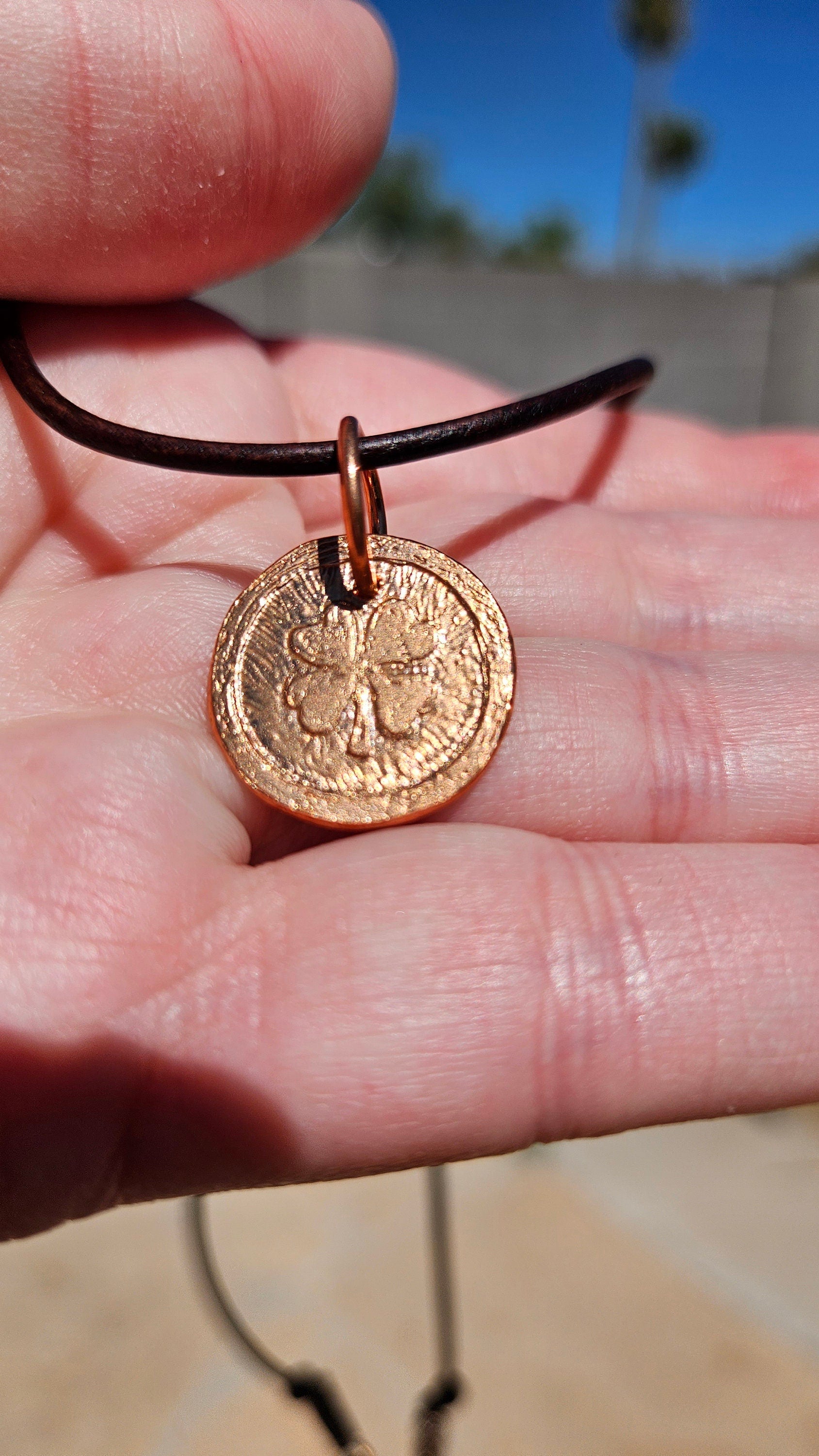 Four Leaf Clover Copper Etched Pendant Necklace/ Leather Cord/ Celtic Jewelry/ Rustic Copper Jewelry/ Elven Soul