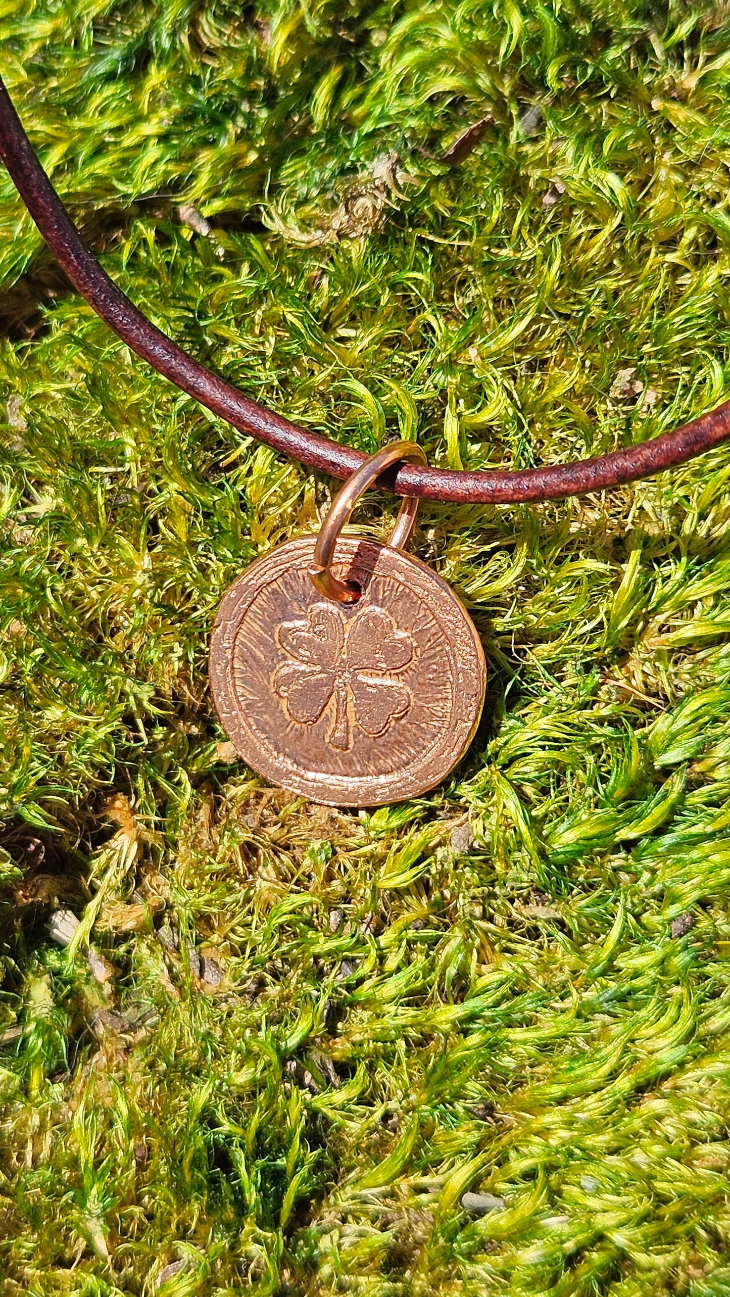 Four Leaf Clover Copper Etched Pendant Necklace/ Leather Cord/ Celtic Jewelry/ Rustic Copper Jewelry/ Elven Soul