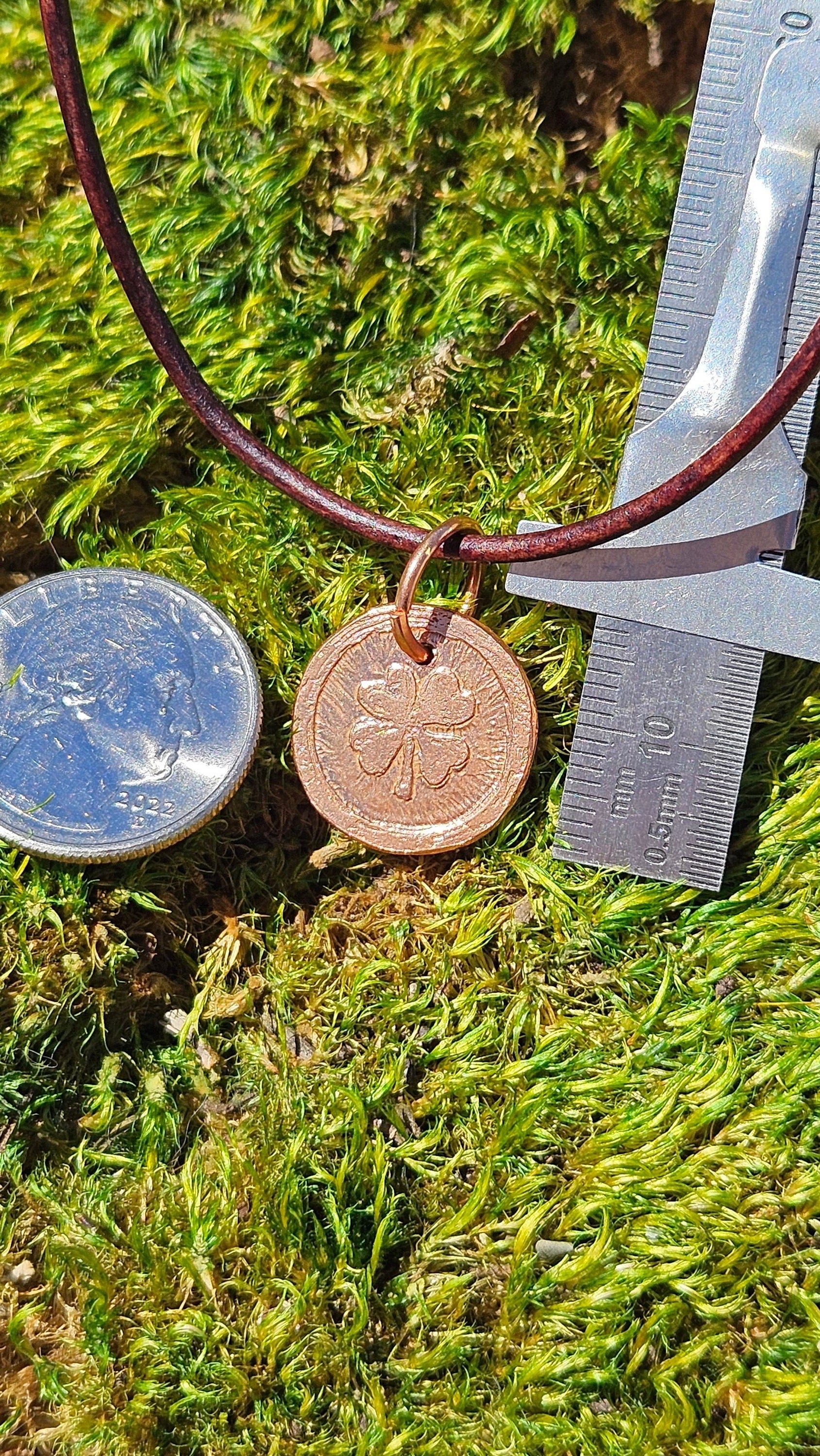 Four Leaf Clover Copper Etched Pendant Necklace/ Leather Cord/ Celtic Jewelry/ Rustic Copper Jewelry/ Elven Soul