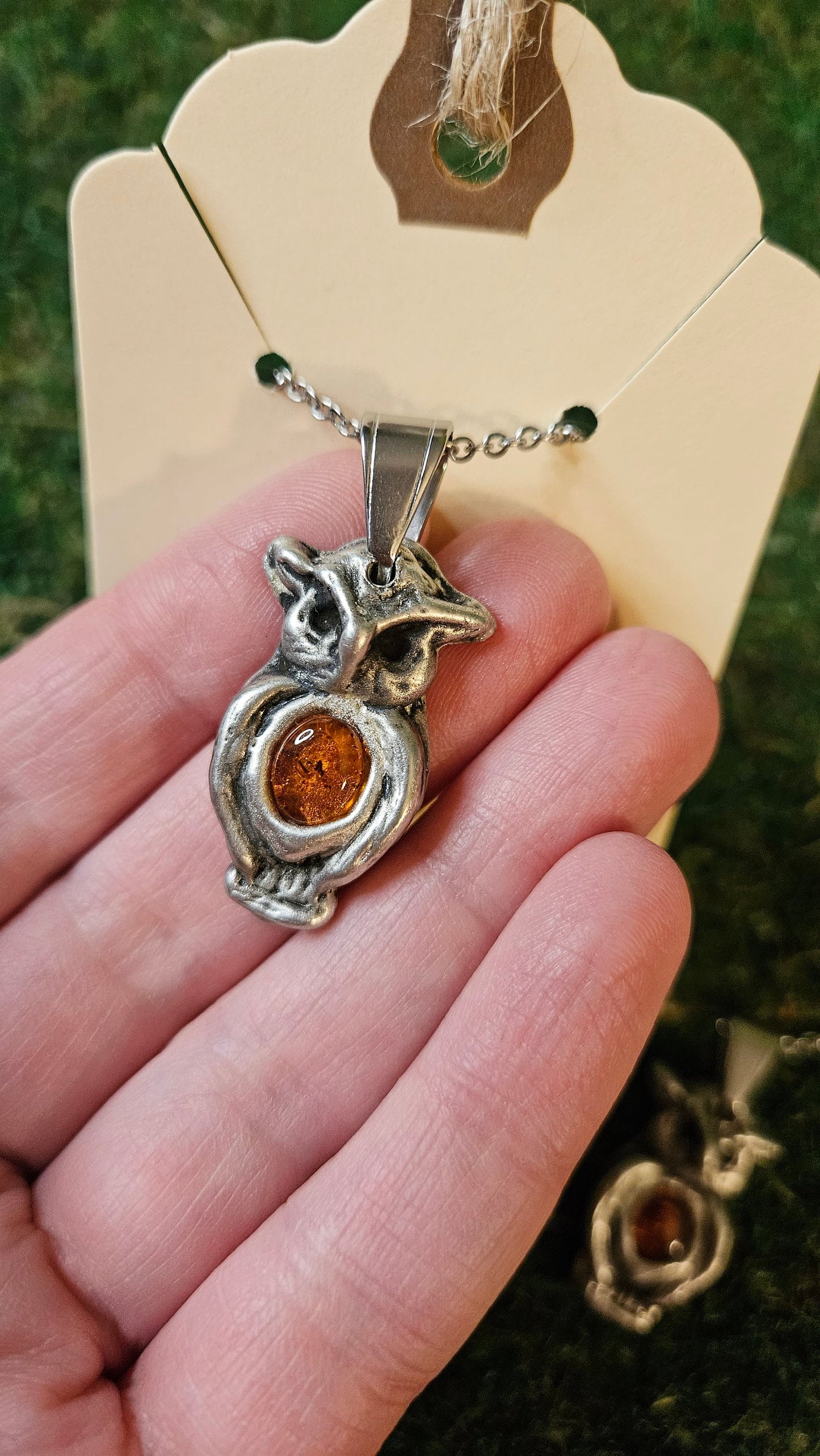 Pewter Owl Necklace/ Baltic Amber/ Owl Pendant /Pewter Cast Jewelry/ Stainless Steel Chain/ By Elven Soul