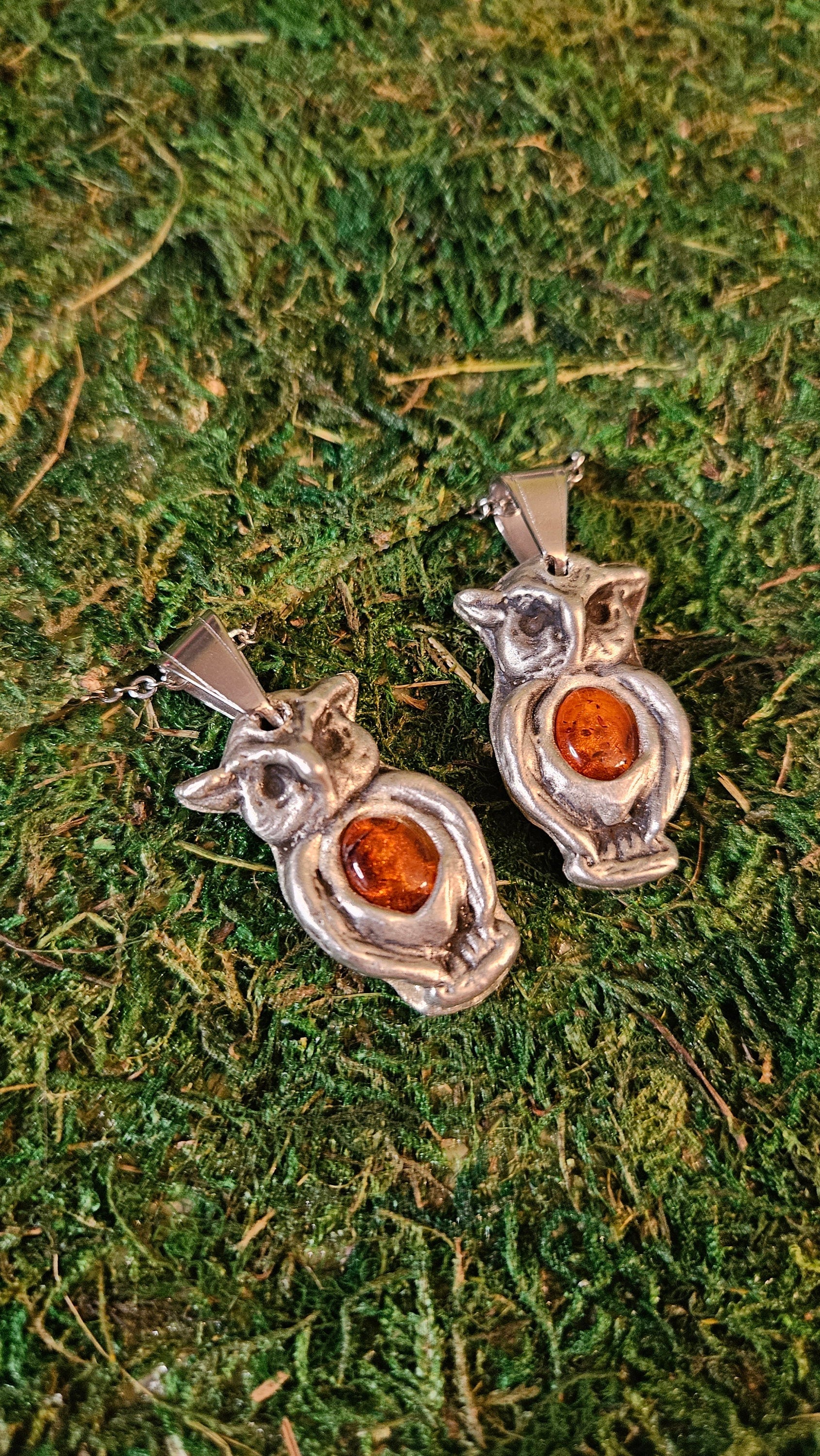 Pewter Owl Necklace/ Baltic Amber/ Owl Pendant /Pewter Cast Jewelry/ Stainless Steel Chain/ By Elven Soul