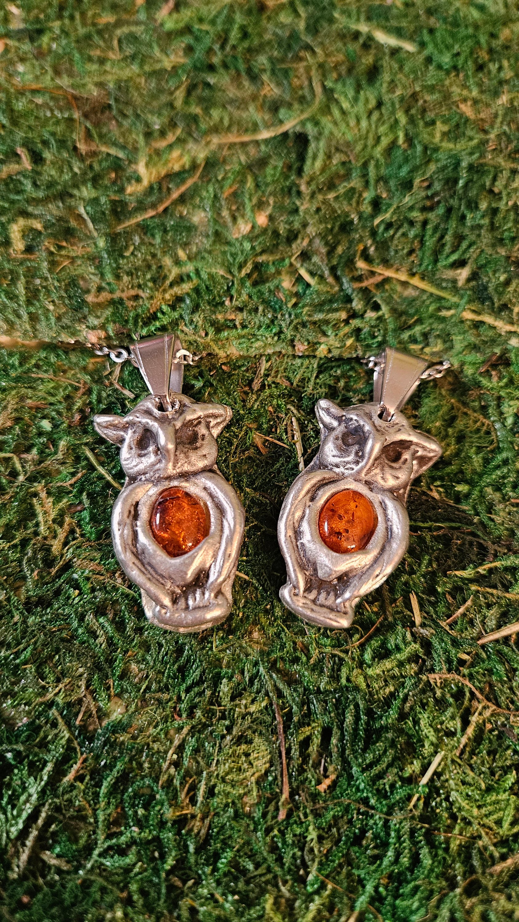 Pewter Owl Necklace/ Baltic Amber/ Owl Pendant /Pewter Cast Jewelry/ Stainless Steel Chain/ By Elven Soul