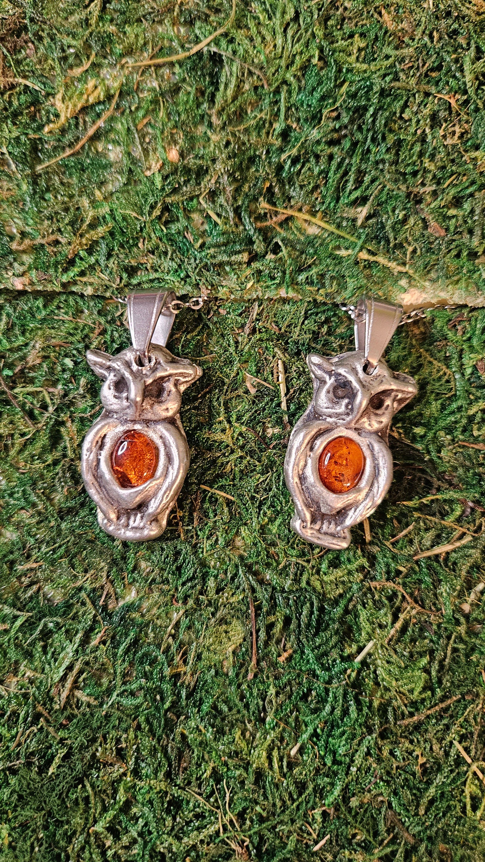 Pewter Owl Necklace/ Baltic Amber/ Owl Pendant /Pewter Cast Jewelry/ Stainless Steel Chain/ By Elven Soul