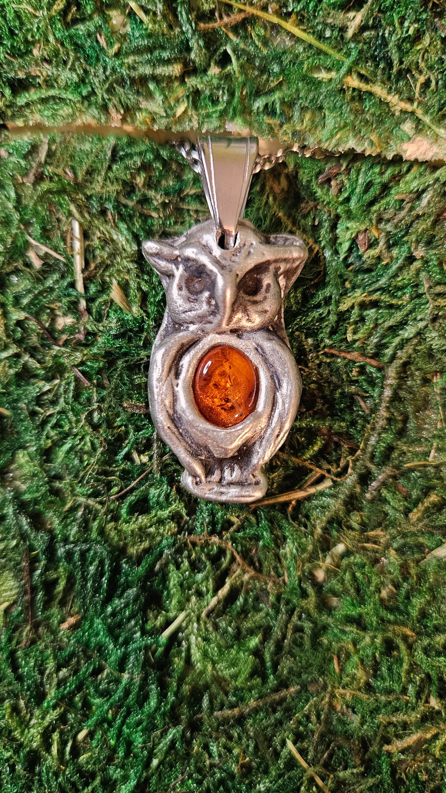 Pewter Owl Necklace/ Baltic Amber/ Owl Pendant /Pewter Cast Jewelry/ Stainless Steel Chain/ By Elven Soul