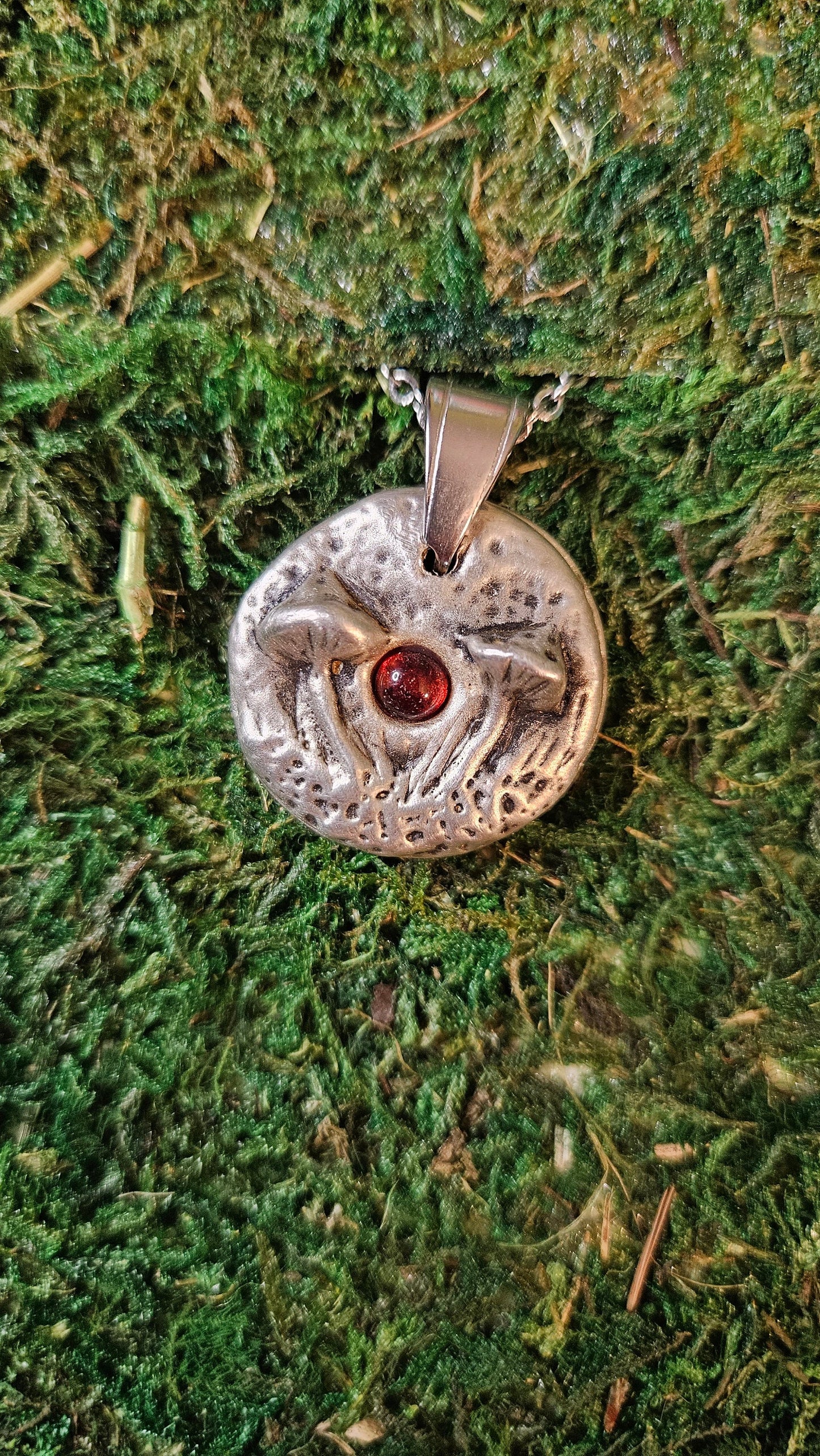 Pewter Mushroom Necklace/ Amber Stone/ Pewter Cast Jewelry/ Mushroom Pendant/ Stainless Steel Chain/ By Elven Soul