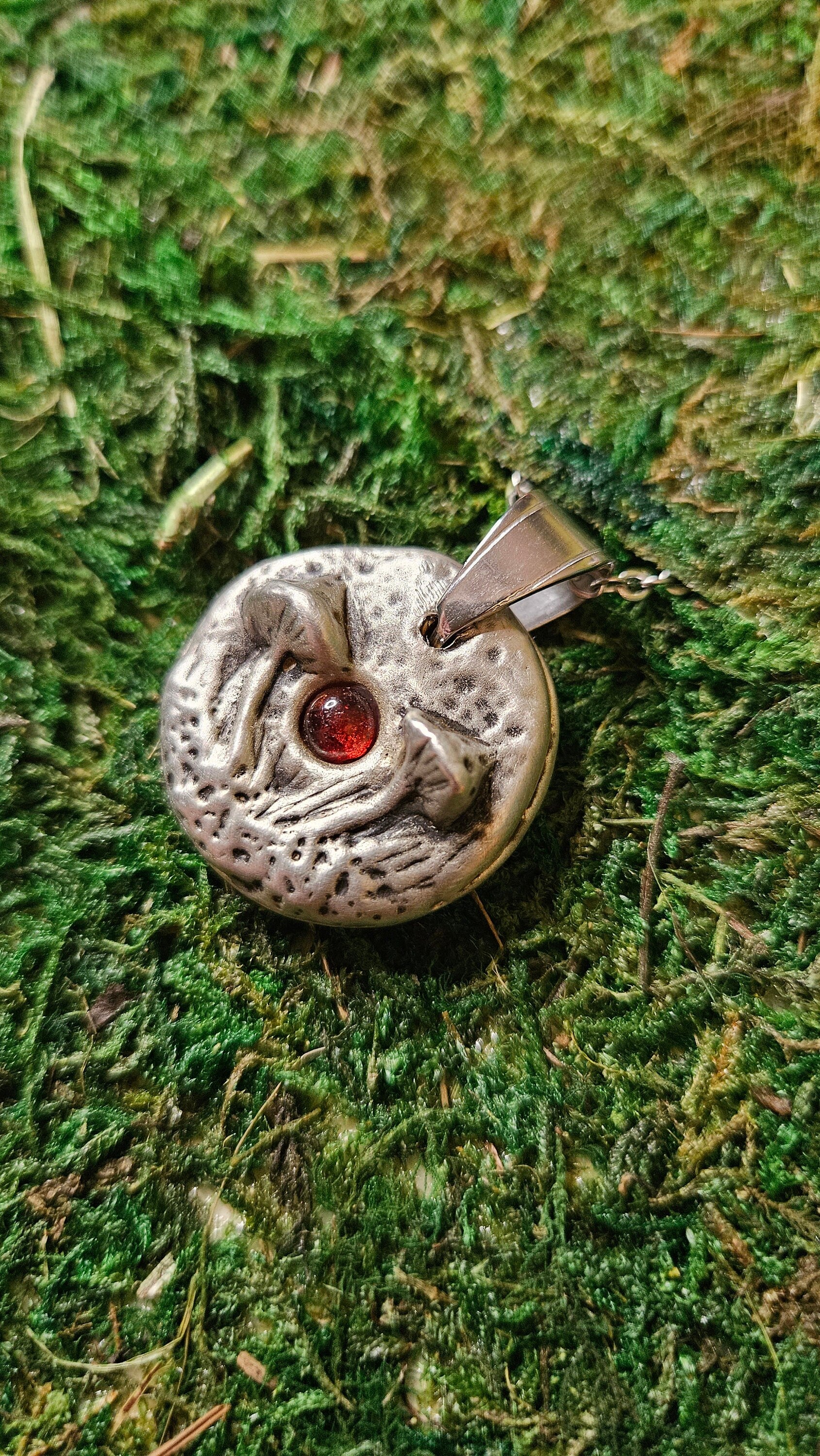 Pewter Mushroom Necklace/ Amber Stone/ Pewter Cast Jewelry/ Mushroom Pendant/ Stainless Steel Chain/ By Elven Soul