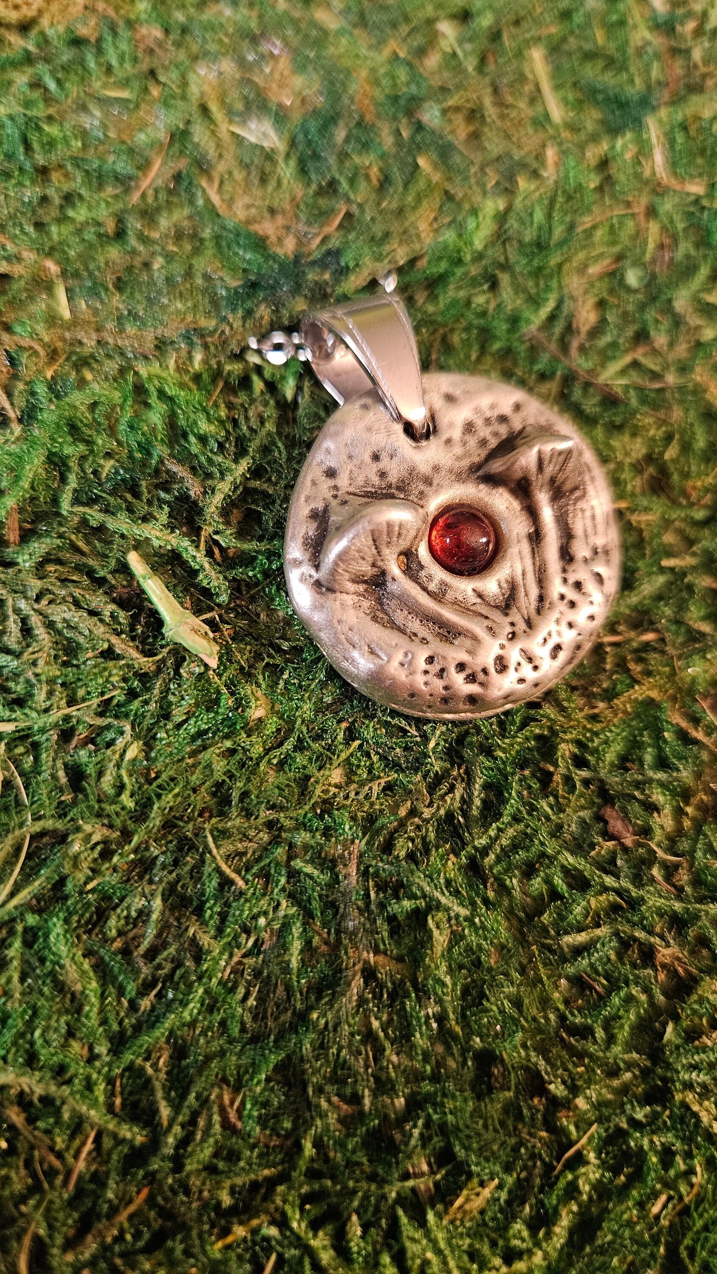 Pewter Mushroom Necklace/ Amber Stone/ Pewter Cast Jewelry/ Mushroom Pendant/ Stainless Steel Chain/ By Elven Soul