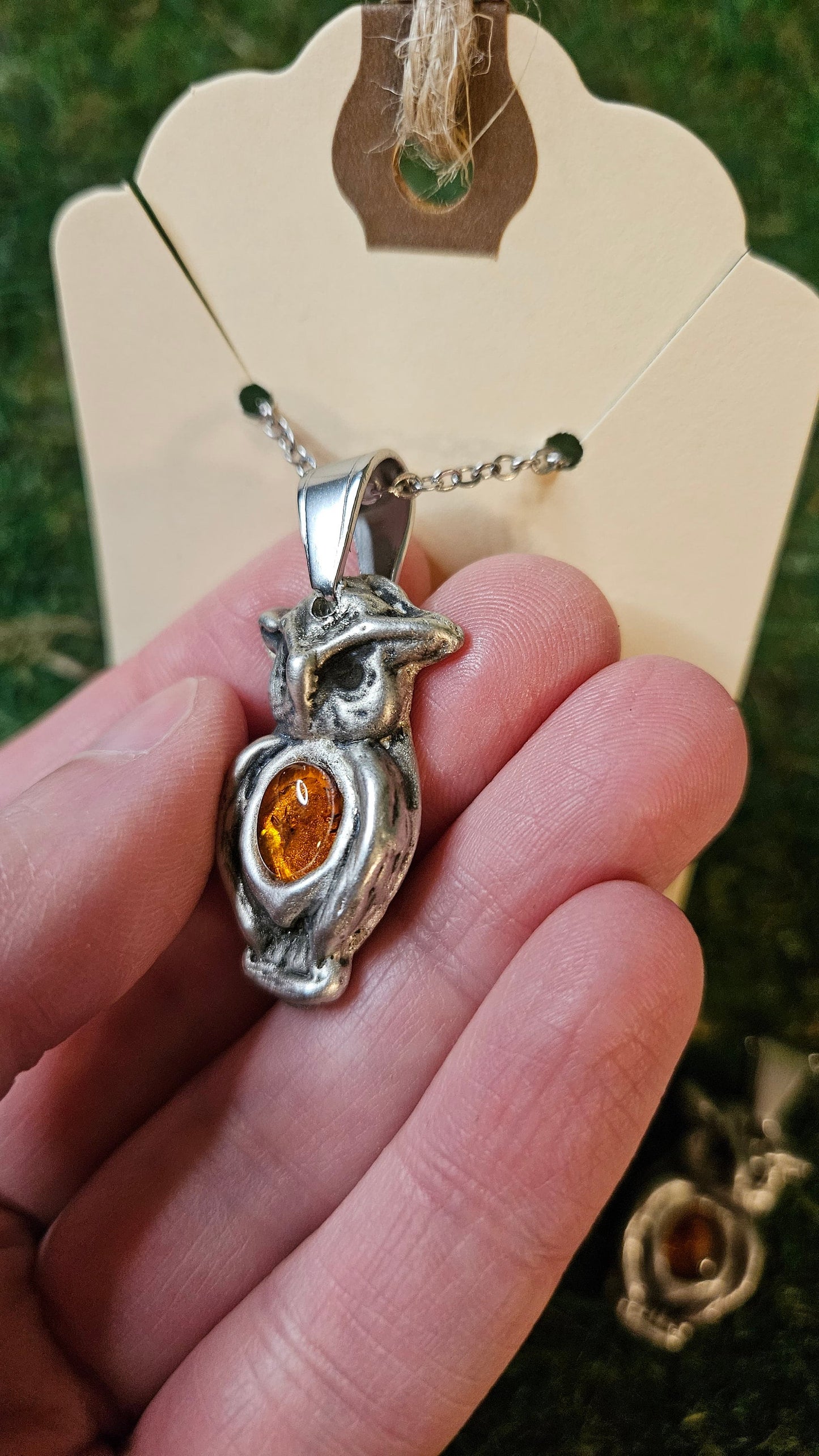 Pewter Owl Necklace/ Baltic Amber/ Owl Pendant /Pewter Cast Jewelry/ Stainless Steel Chain/ By Elven Soul