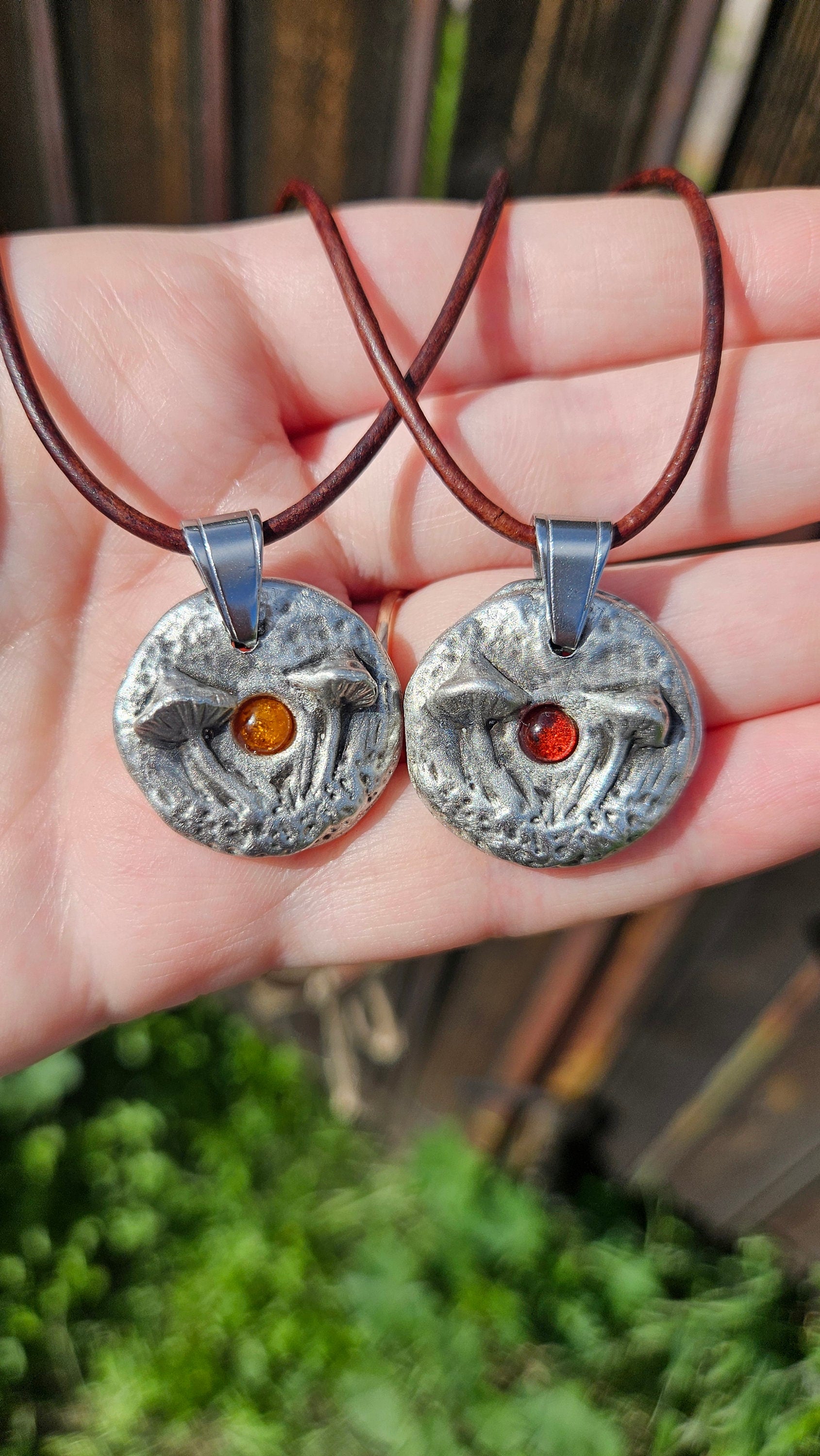 Pewter Mushroom Necklace/ Amber Stone/ Pewter Cast Jewelry/ Mushroom Pendant/ Stainless Steel Chain/ By Elven Soul