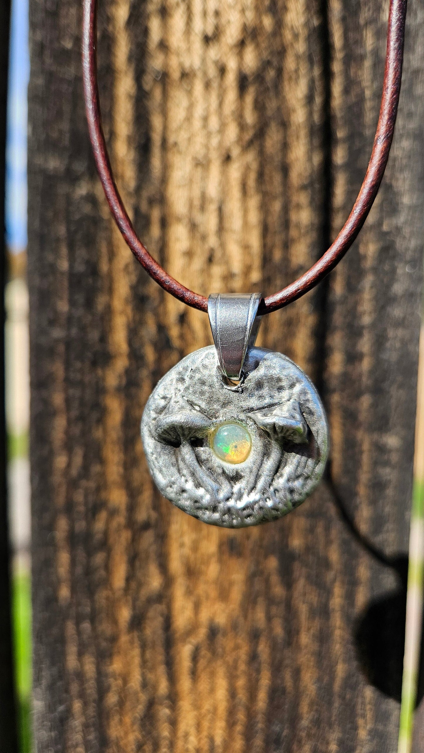 Pewter Mushroom Necklace/ Opal Stone/ Pewter Cast Jewelry/ Mushroom Pendant/ Adjustable Leather Cord/By Elven Soul