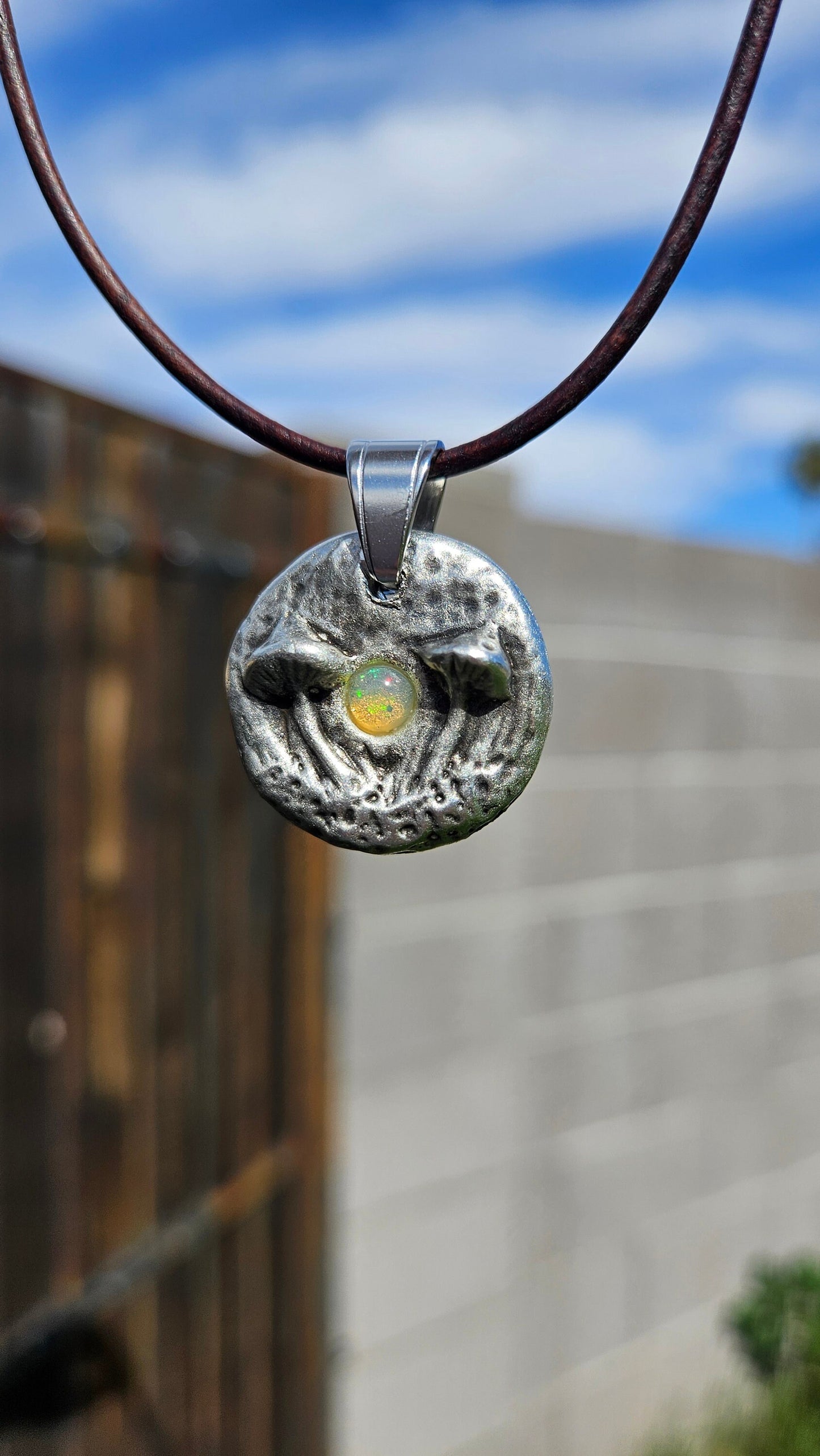 Pewter Mushroom Necklace/ Opal Stone/ Pewter Cast Jewelry/ Mushroom Pendant/ Adjustable Leather Cord/By Elven Soul