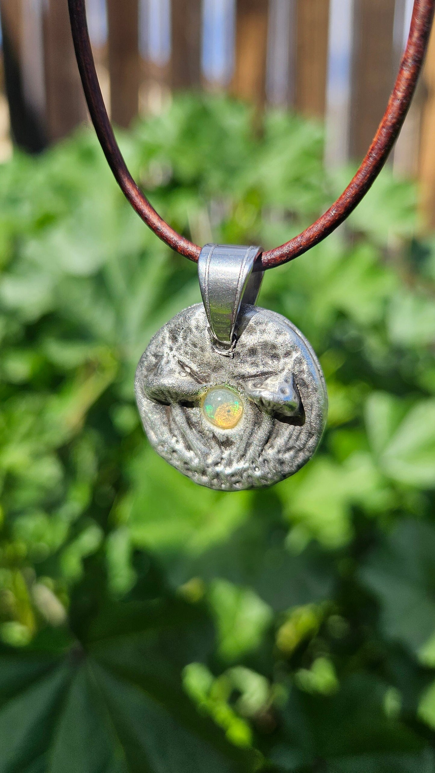 Pewter Mushroom Necklace/ Opal Stone/ Pewter Cast Jewelry/ Mushroom Pendant/ Adjustable Leather Cord/By Elven Soul