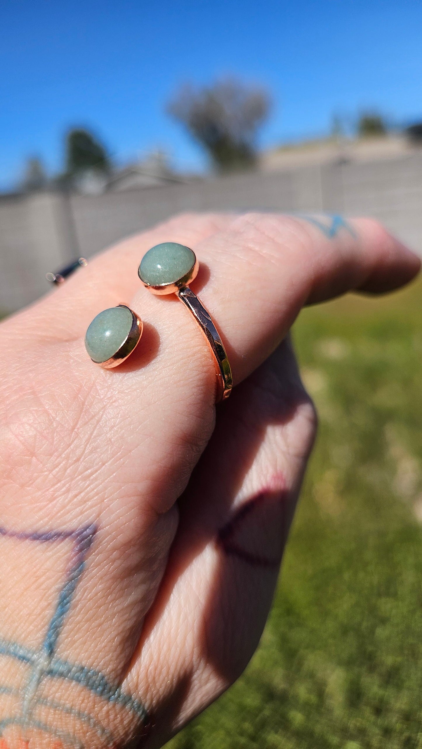 The Persephone Ring by Elven Soul/ Green Aventurine Copper Ring/Adjustable/ Hammered Copper Band/ Crystal and Copper Jewelry/ Double Stone