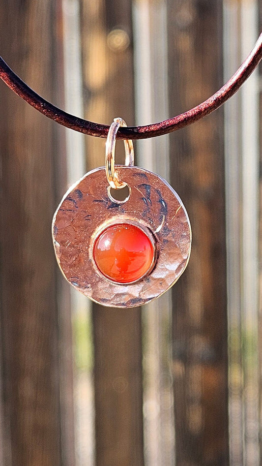 Copper and Red Agate Necklace/ Leather Cord/ Hammered Copper Pendant/ Handmade Jewelry/ by Elven Soul