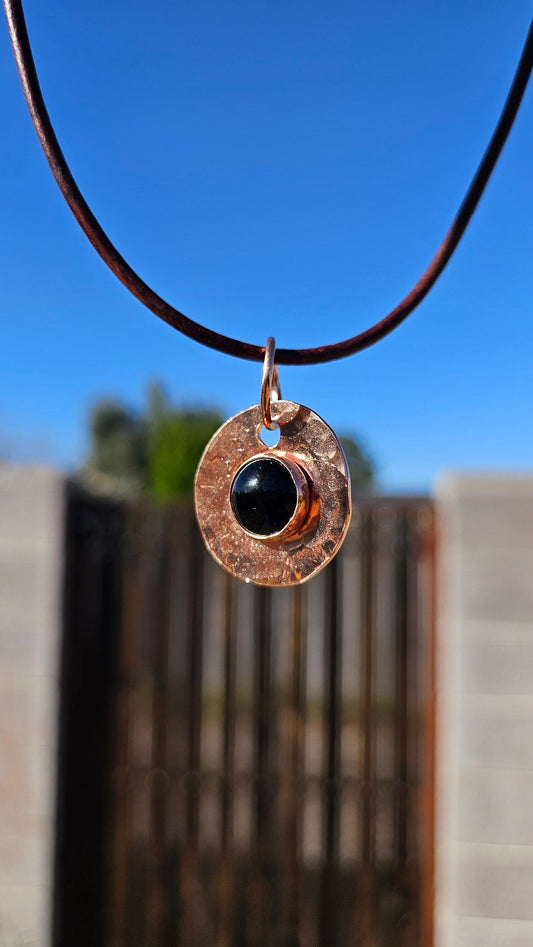 Copper and Black Agate Necklace/ Leather Cord/ Hammered Copper Pendant/ Copper Disc/ Handmade Jewelry/ by Elven Soul