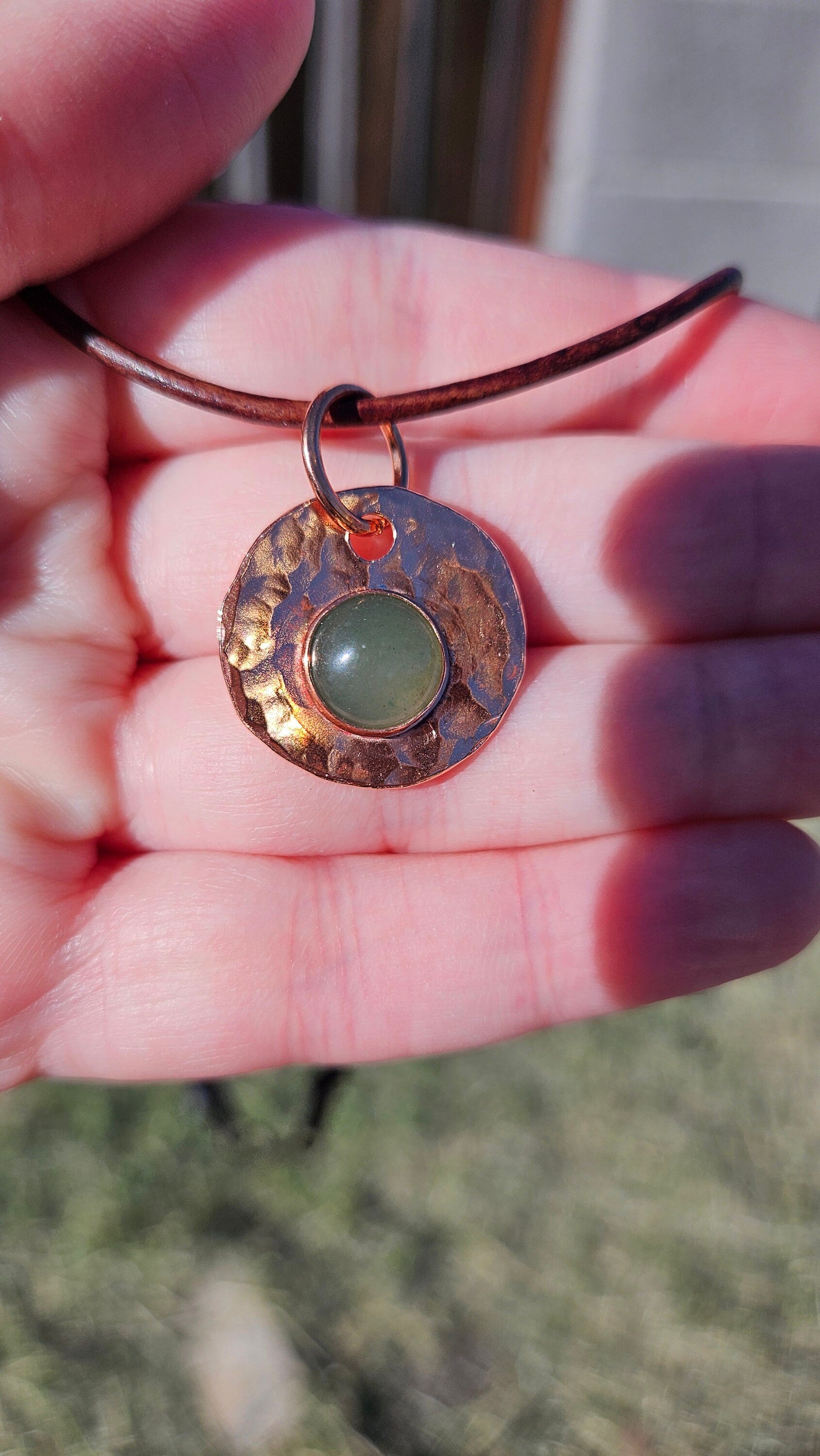 Copper and Green Aventurine Necklace/ Leather Cord/ Hammered Copper Pendant/ Copper Disc/ Handmade Jewelry/ by Elven Soul