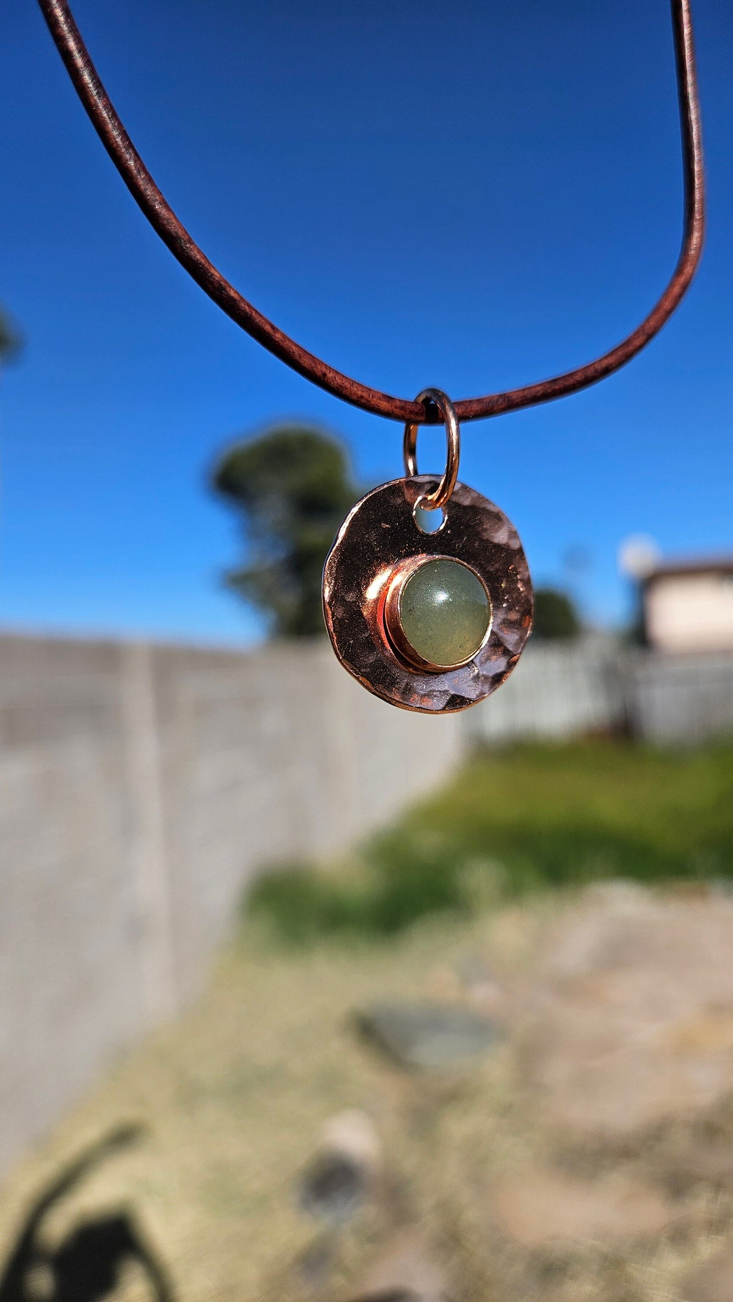 Copper and Green Aventurine Necklace/ Leather Cord/ Hammered Copper Pendant/ Copper Disc/ Handmade Jewelry/ by Elven Soul