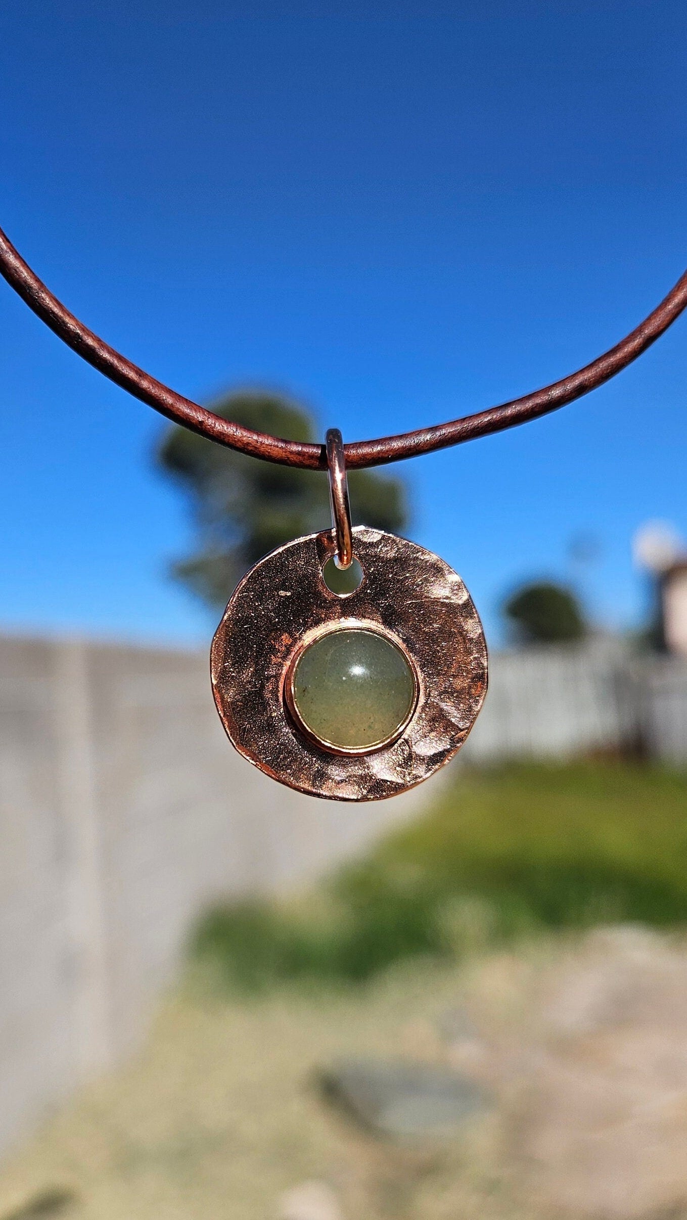 Copper and Green Aventurine Necklace/ Leather Cord/ Hammered Copper Pendant/ Copper Disc/ Handmade Jewelry/ by Elven Soul