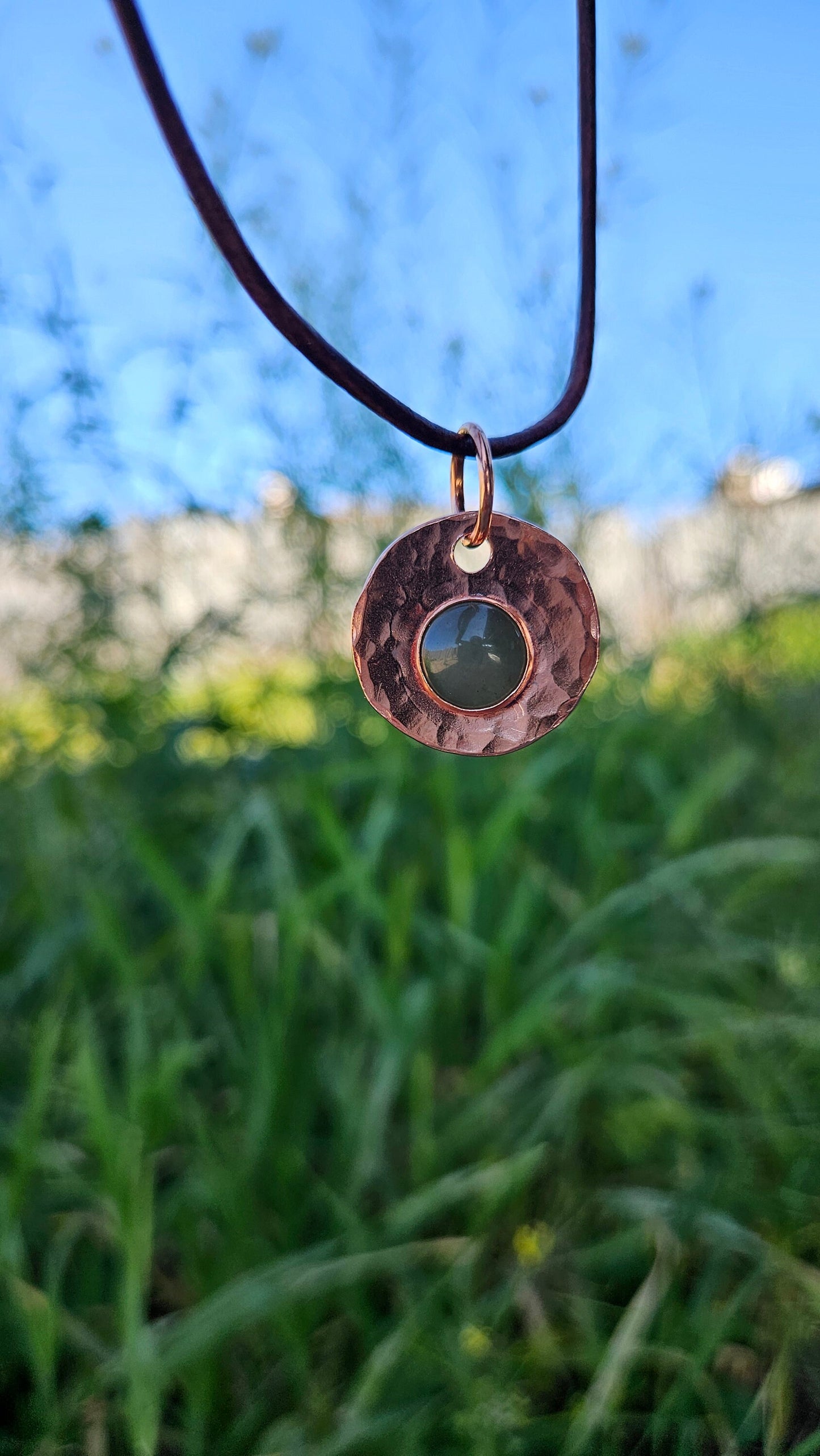 Copper and Green Aventurine Necklace/ Leather Cord/ Hammered Copper Pendant/ Copper Disc/ Handmade Jewelry/ by Elven Soul